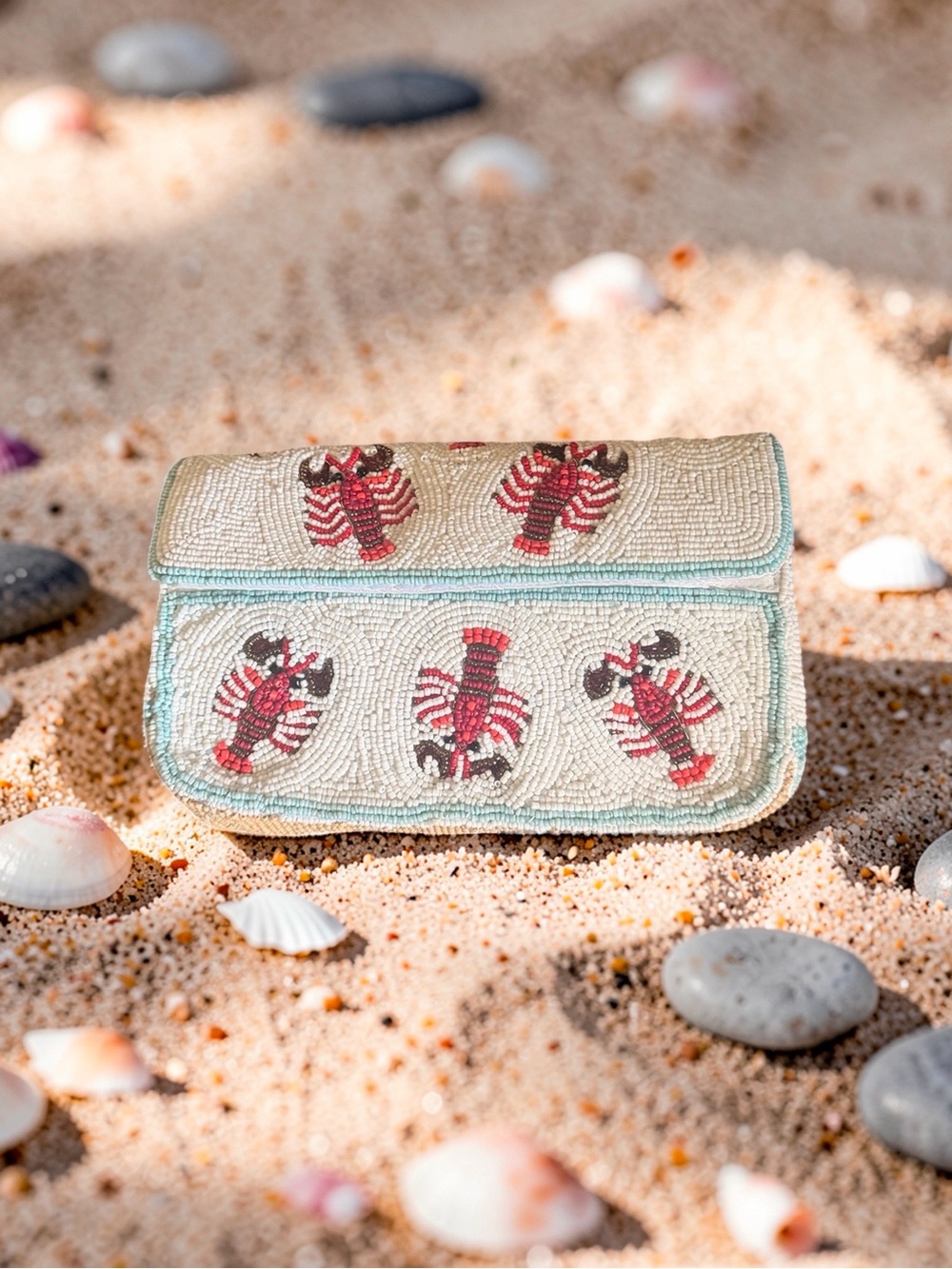 Beaded Cream Shoulder Clutch with Red Lobster Motif